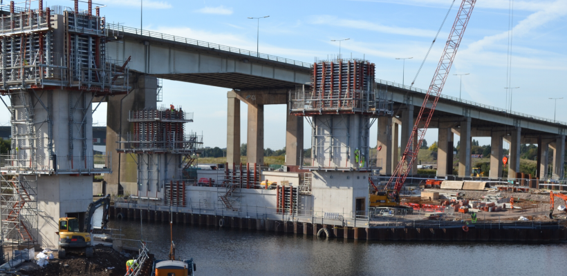 Image showing RMD Kwikform's Ascent Climbing Formwork to construct a new lift bridge over Salford Canal