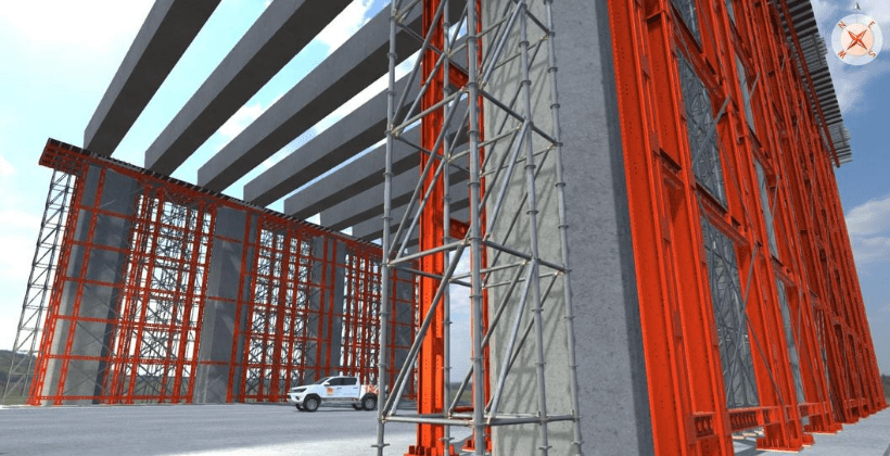 An RMD Kwikform 3D CAD image of a highway bridge with shoring and formwork on it